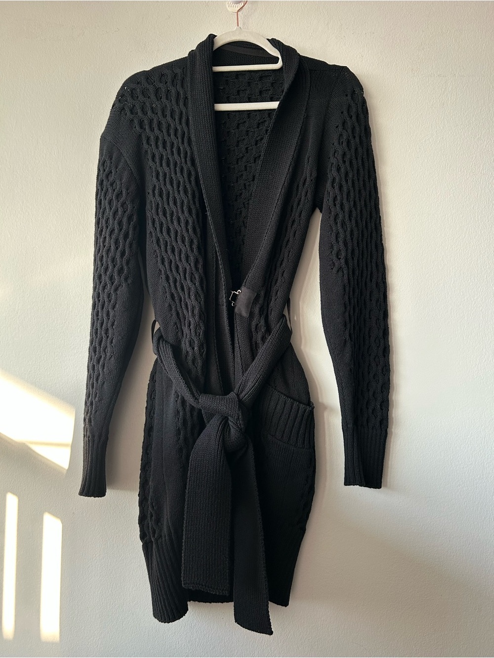Sacai Asymmetrical Belted Cardigan black chunky honeycomb-cable Knit